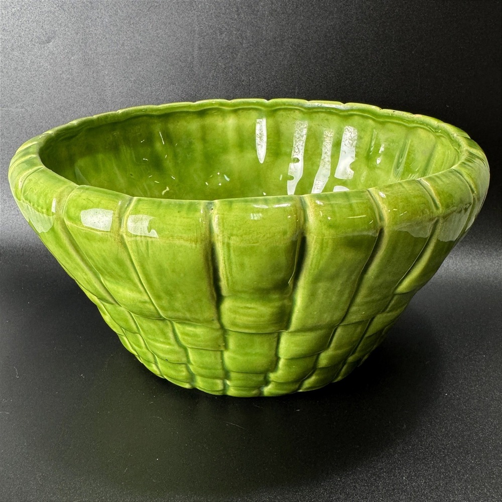 Vintage Atlantic Mold Avocado Green Basket Weave Planter 70's Ceramic Chartreuse